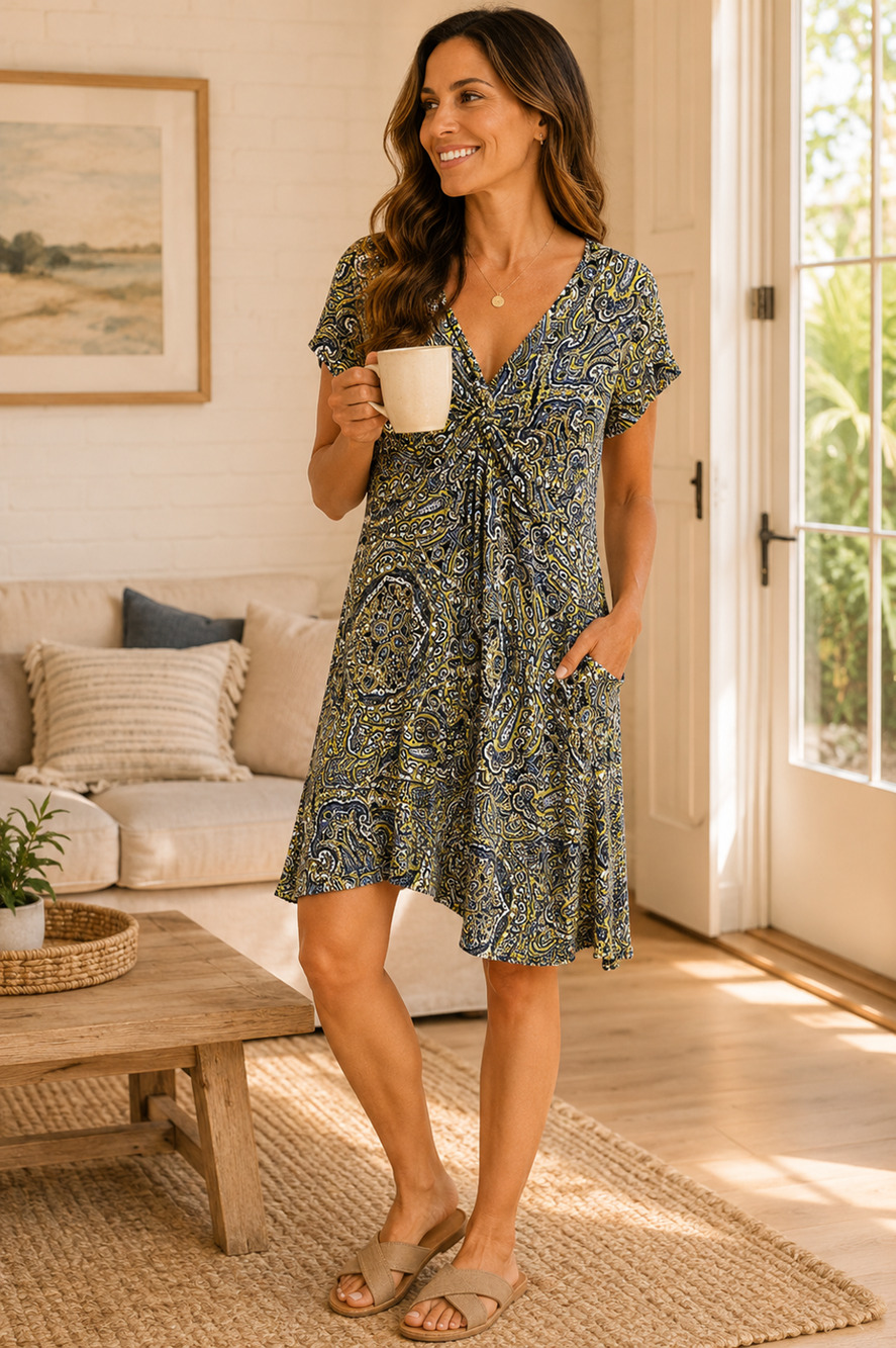 Soma Lounge V Neck Surplice Boho Soft Stretch Knit Loungewear Dress Medium